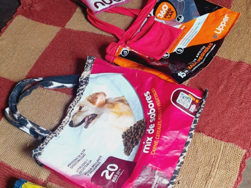 Trabajado en plástico de gaseosa y telas y bolsos de alimento balanceado reforzados los. Dos artículos más las ojotas